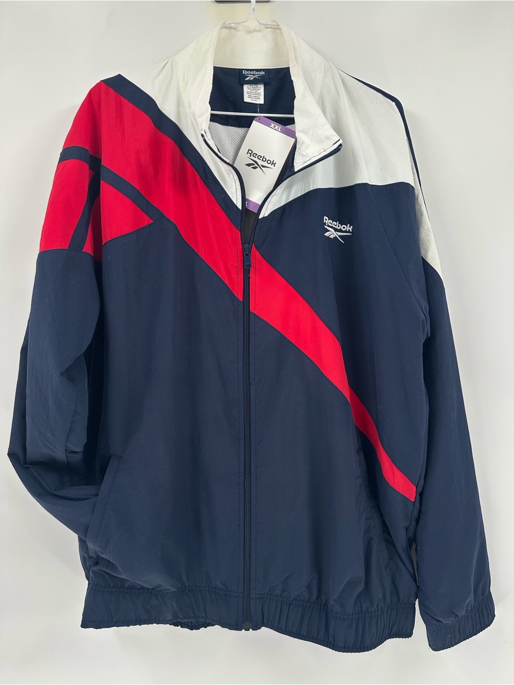 Reebok Woven Track Jacket Men’s Navy, Red & White Retro Windbreaker Jacket XXL